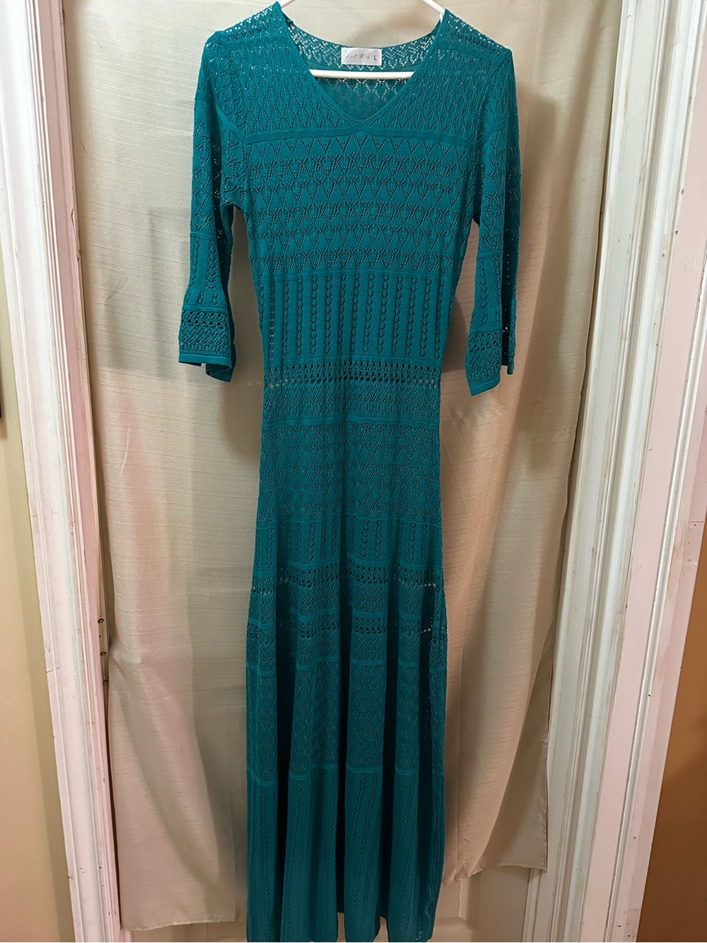 Knit Mix Teal Open Knit Maxi Dress Bell Sleeve Boho Crochet Look Women’s